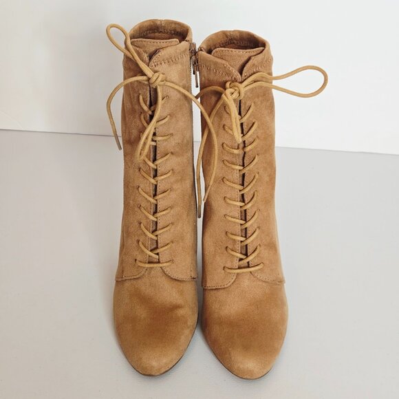Steve Madden Elley Camel Tan Faux Suede Lace-Up Block Heel Zip Ankle Boot Sz 7 - Picture 4 of 9